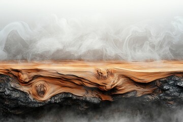 Fototapete - Wooden surface with wisps of smoke emerging in a dimly lit environment creating an atmospheric and moody effect