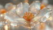 © Yoonnam - Close-up of the translucent Diphylleia grayi flower with glass-like petals reflecting light, set against a glowing gold silver white blur, symbolizing fragility and transformation, space for caption.