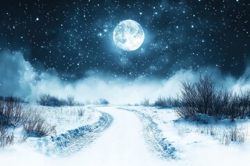 Poster - Snowy road illuminated by full moon in a tranquil winter landscape at night, showcasing serene nature and starry sky