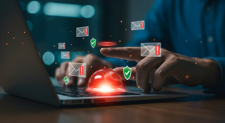 Poster - Man Typing on Laptop Surrounded by Glowing Email Icons in a Modern Digital Environment Against Dark Background