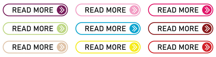 Set of Read More colorful button set with icons Web Isolated on white background.