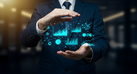 Poster - Businessman Holding Digital Data Graphs and Charts in Dark Blue Suit Against Blurred Corporate Background