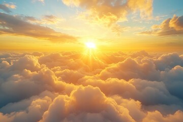Fototapete - Colorful sunset above fluffy clouds with vibrant hues illuminating the sky in a tranquil evening atmosphere
