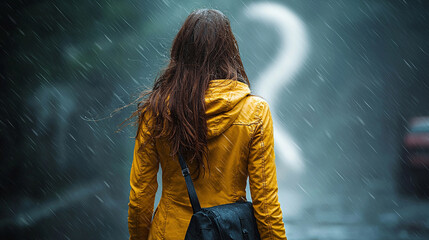 Woman pondering future, rainy city street, uncertainty.  Lifestyle photo