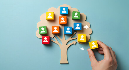 Poster - Wooden Tree Blocks Representing Organizational Structure on Blue Background