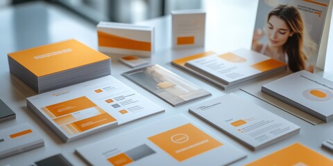 Aufkleber - Elegant collection of stationary and branding materials displayed on a sleek desk in a modern workspace during daylight hours