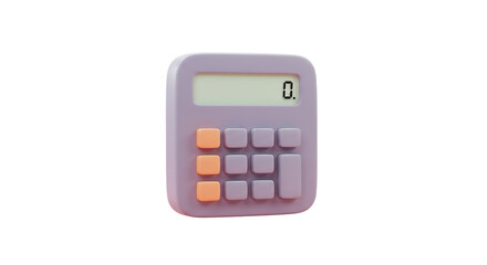 A pastel purple calculator with orange and purple buttons displaying zero on the screen