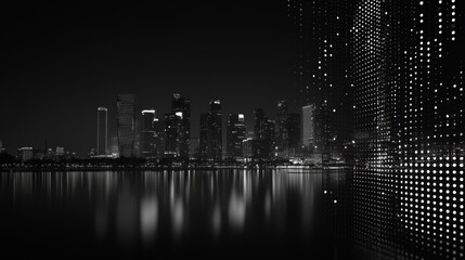 Poster - Abstract futuristic digital cityscape with transparent buildings and dotted architecture, showcasing a sci-fi skyline perspective, representing the concept of a modern city in a digital world