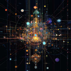 Poster - Complex Network Data Visualization with Glowing Nodes and Lines on Black Background