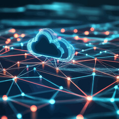 Poster - Cloud Computing Network with Interconnected Nodes and Glowing Lines