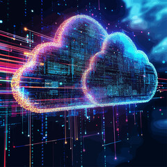Poster - Digital Cloud Network Technology with Data Stream Lines on Blue Background