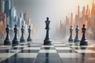Poster - A dramatic chess game unfolds on a large board with city skylines in the backdrop.  Black pieces are prominently displayed, facing off against an unseen white opponent in a strategic battle.
