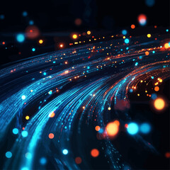 Poster - Abstract network of flowing blue and orange data streams