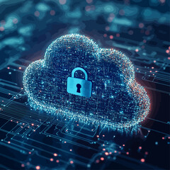 Poster - Secure Digital Cloud Network with Padlock and Circuit Board Connections