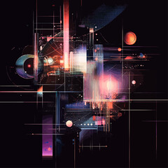 Poster - abstract neon cityscape with geometric shapes and dynamic light streaks