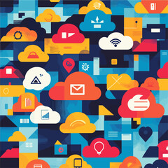 Poster - Colorful Cloud Computing and Data Storage Illustration on a Blue Mosaic Background
