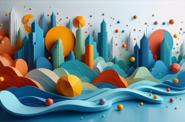 Poster - Vibrant abstract cityscape crafted from layered paper, featuring dynamic blue waves, orange and teal buildings, and playful geometric shapes. A modern and colorful design.