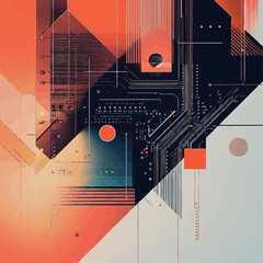 Poster - Abstract Circuit Board with Geometric Shapes in Coral and Teal