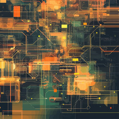 Poster - Abstract Circuit Board with Glowing Orange Lines