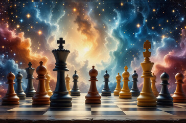 Poster - Chess pieces are arranged on a chessboard, poised for a strategic game. A vibrant cosmic backdrop of stars, nebula, and clouds creates an otherworldly atmosphere.