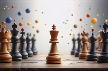 Poster - A king chess piece stands prominently amidst a game on a wooden board, surrounded by an array of colorful spheres, suggesting strategy and abstract thinking.