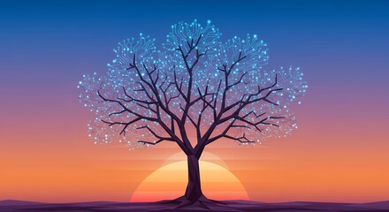 Aufkleber - Futuristic technology tree illustration glowing with digital circuit board design at sunset, symbolizing innovation and connection