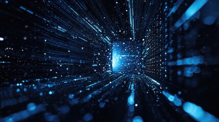 Poster - Dynamic abstract visualization of data streams and digital particles in motion, creating a tunnel of light. Ideal for tech, AI, big data, and futuristic concept visuals