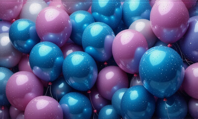 Poster - A vibrant bunch of glossy balloons in shades of blue, pink, and purple are clustered together, filling the frame with a celebratory and joyful atmosphere.