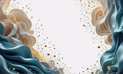 Aufkleber - Abstract background with beige and blue flowing waves. Golden dots scattered on white backdrop add elegance.