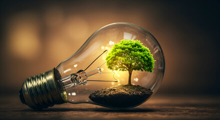Poster - Green Tree Growing Inside Clear Lightbulb on Brown Wooden Surface Symbolizing Sustainable Energy