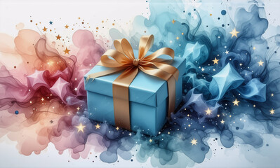 Wall Mural - a wrapped blue gift box with a golden bow is centered, surrounded by swirling pink and blue smoke an