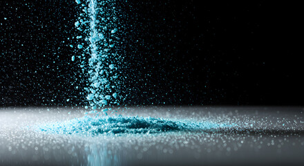 Poster - Falling Blue Powder with Dynamic Motion and Texture on Dark Background Creates an Abstract Design