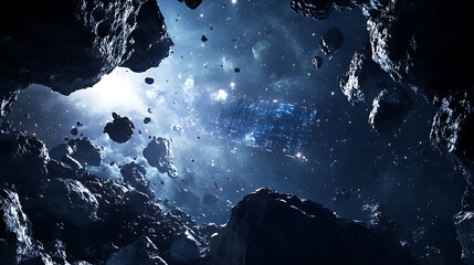 Poster - An AI powered system optimizing space mining by analyzing real time asteroid compositions and extraction methods, futuristic AI-driven asteroid mining station, Space technology style