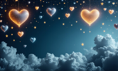 Wall Mural - glowing hearts and stars float above fluffy clouds against a dark blue sky, creating a dreamy and ro