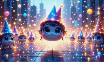 Wall Mural - cute figures wearing party hats are celebrating in a vibrant city with bokeh lights. a festive and j