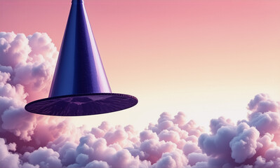 Wall Mural - a reflective purple cone hovers above a sea of fluffy pink and white clouds, set against a soft grad
