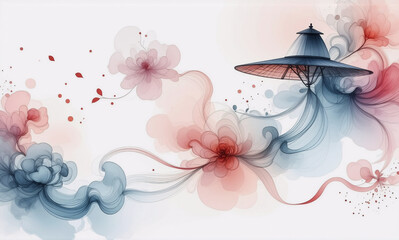 Poster - Elegant abstract composition featuring a hat shape with flowing floral elements. Soft red and blue smoke-like hues on a pristine white backdrop.