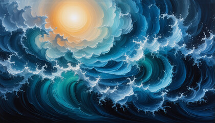 Wall Mural - celestial swirling clouds in blue and white hues are illuminated by a bright yellow light, creating 