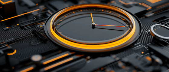 Aufkleber - A close-up of a futuristic clock design with vibrant orange accents, set against a dark, high-tech background featuring intricate circuit patterns.