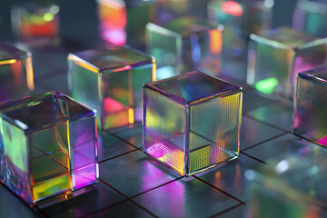 Aufkleber - A vibrant arrangement of translucent cubes reflecting colorful light in a dynamic, futuristic setting.