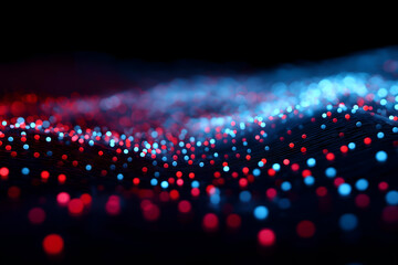 Aufkleber - A visually striking abstract image featuring vibrant red and blue dots against a dark background, resembling a digital landscape or data visualization.