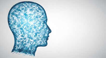Poster - abstract digital human head with blue network of dots and lines representing artificial intelligence