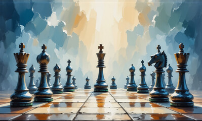 Poster - Checkered board with chess pieces focused on the king in the center, with an artistic blue and gold backdrop. A strategic game is about to begin.