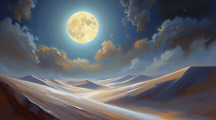 Wall Mural - a serene desert landscape under the night sky. a bright full moon illuminates the soft, rolling sand