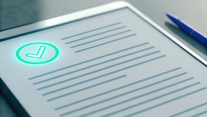 Poster - Digital tablet displaying a check mark on a document signifying approval in an electronic format