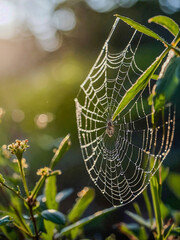 Wall Mural - Delicate spider web in the morning light.