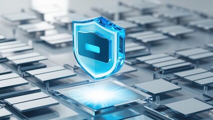 Poster - Crystal clear digital vault icon hovering above a code grid with soft glow and light reflections