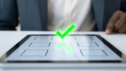 Poster - Person holding a tablet displaying a glowing green tick symbol representing digital approval