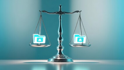 Poster - Elegant scales against a blue background balancing luminous file icons symbolizing data fairness