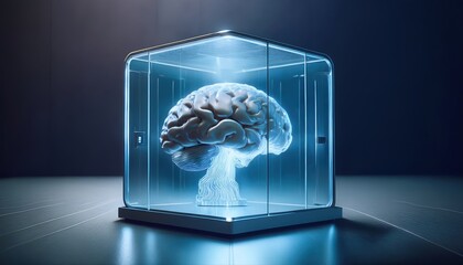 Poster - a human brain encased in a glass box illuminated by soft light pulses symbolizing cyber security